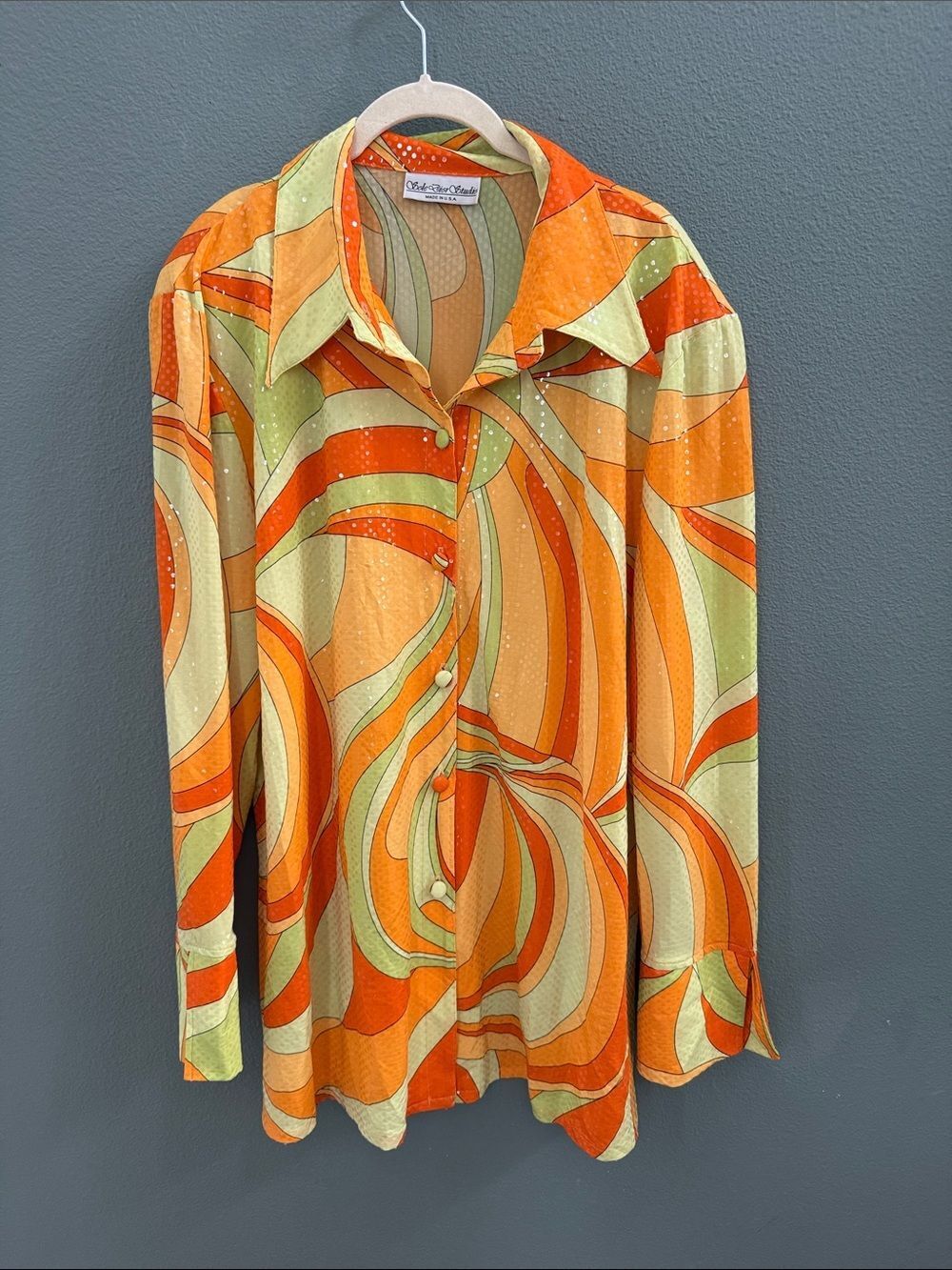 Vintage 70’s Sole Dior Studio 1X Swirl Print Button-Up Top Jacket Sparkle Sequin - Picture 4 of 15